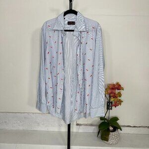 Etro Milano Men’s Blue/White Striped Embroidery Design Button Up Shirt Size XL